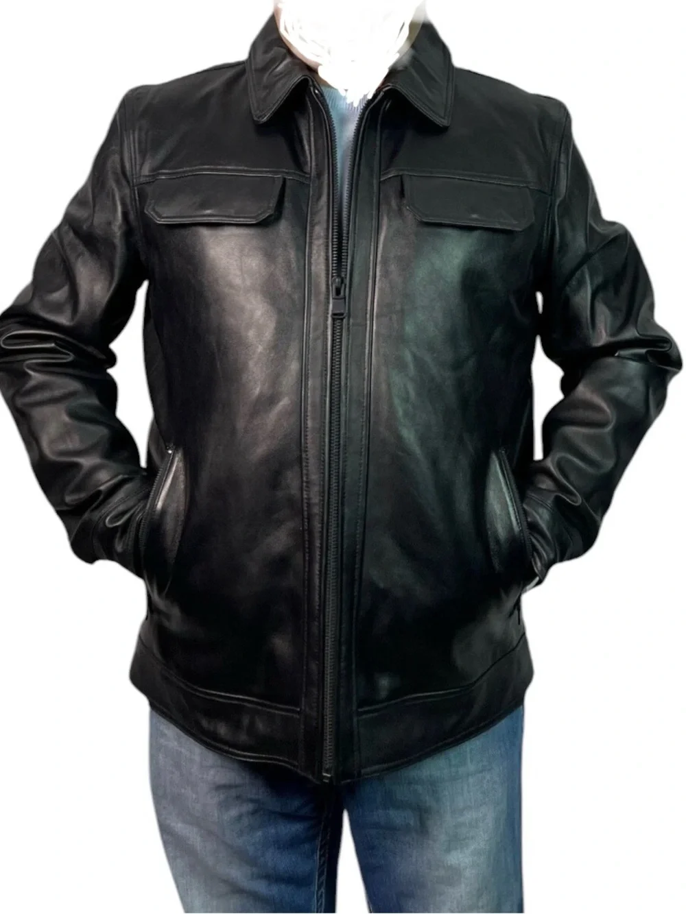 Perry Ellis Portfolio black leather jacket featuring a quilted interior lining - Picture 9 of 17
